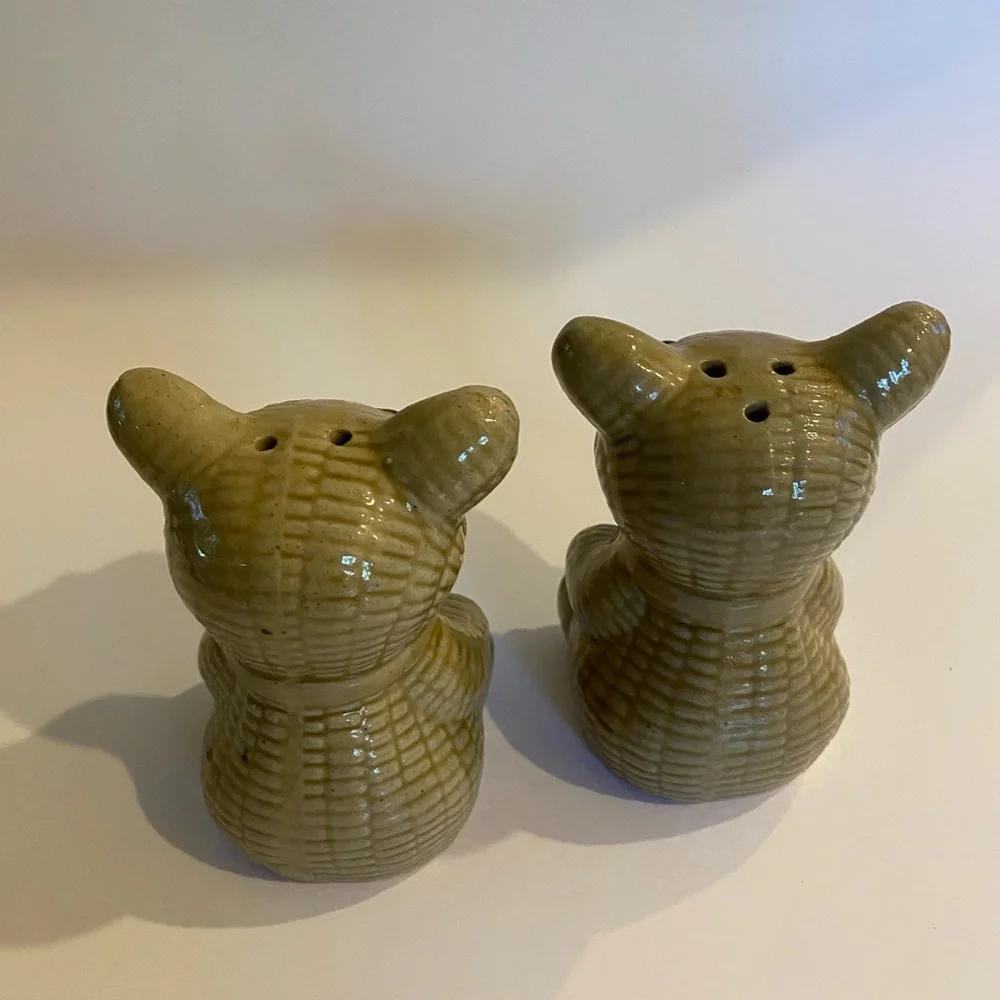 Vintage Ceramic Teddy Bear Salt Pepper Shakers Quilted Bears with Black Bow Ties